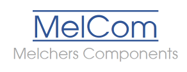 Logo von Melchers Components – Melcom: Der stilisierte Schriftzug „MelCom“ in Dunkelblau auf weißem Hintergrund bildet ein symmetrisches Design.